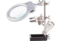 Держатель REXANT Третья рука 2 зажима чугун, лупа 85мм, подставка паяльника, LED подсветка 12-0253 - фото 102472