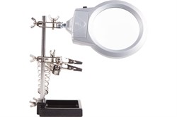 Держатель REXANT Третья рука 2 зажима чугун, лупа 85мм, подставка паяльника, LED подсветка 12-0253 - фото 102473