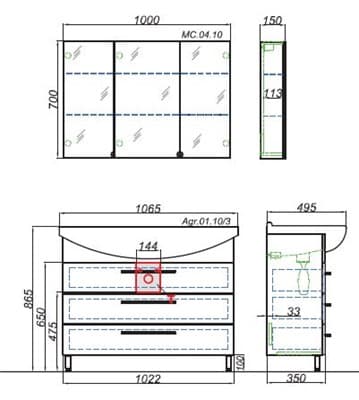 Тумба для ванной комнаты AQWELLA Аллегро 105 с раковиной Agr.01.10/3 - фото 10519
