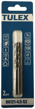 Сверло TULEX по металлу КОБАЛЬТ HSSE-Co(5%), сталь М35, DIN338, 67-HRS, 4,5мм (2шт/уп) 60121-4,5-S2 - фото 135565