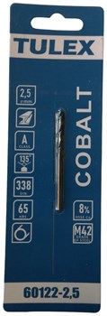 Сверло TULEX по металлу КОБАЛЬТ HSSE-Co(8%), сталь М42, DIN338, 65-HRS, 2,5мм (1шт/уп) 60122-2,5 - фото 136792