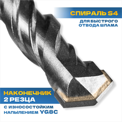 Бур TULEX по бетону, 2 резца YG8C, 40 Cr-V, 46-51 HRS, хвостовик SDS-Plus, 310*14мм 6022-310-14 - фото 142718