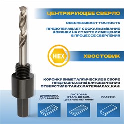 Коронка TULEX биметаллическая, шестигранный хвостовик,с центрирующим сверлом,в сборе 20мм 601013-020 - фото 143282