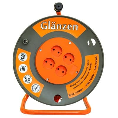 Удлинитель силовой на катушке GLANZEN 4 гн. ПВС 2*1,5 арт.ЕВ-50-006 - фото 26857