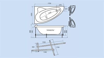Ванна обрезанная Изабель прав. 170*100 с каркасом - фото 30205
