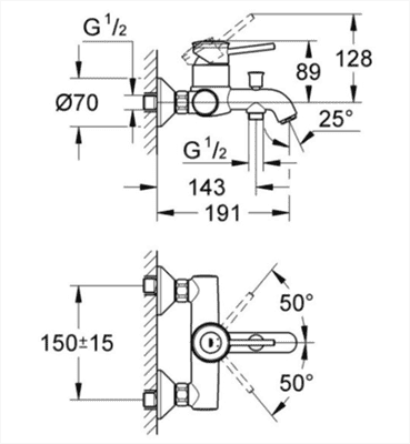 Смеситель GROHE для ванны настенный монтаж Start Classic 23787000 - фото 30455