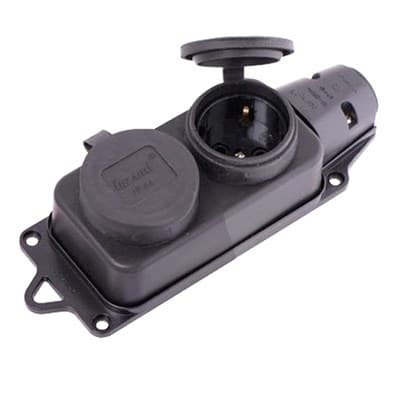Розетка наружной установки двойная с заглушками 2Р+РЕ 1х16А 220-240V (каучук) 106-0400-110 - фото 35494