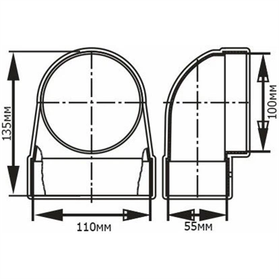 Соединитель ЭРА угловой 90, плоского воздуховода с круглым пластик 55х110/D100 511СК10КП - фото 38855