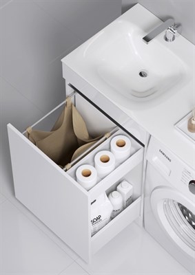 Тумба для ванной комнаты AQWELLA подвес.Forma 115 прав. для стир.машины с корзиной белая с раковиной - фото 62809
