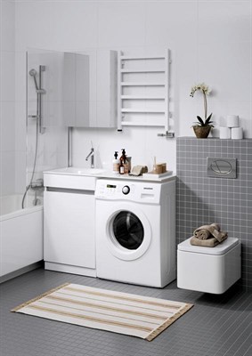 Тумба для ванной комнаты AQWELLA подвес.Forma 115 прав. для стир.машины с корзиной белая с раковиной - фото 62812