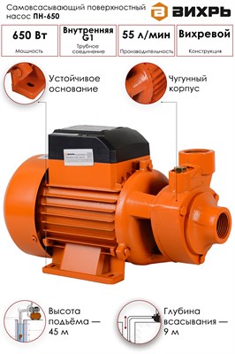 Насос ВИХРЬ поверхностный ПН-650 68/4/5 - фото 63612