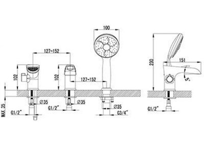 Смеситель OMEGA для ванны встраиваемый, на 3 отверстия, с аксессуарами, хром LM3145C - фото 64083