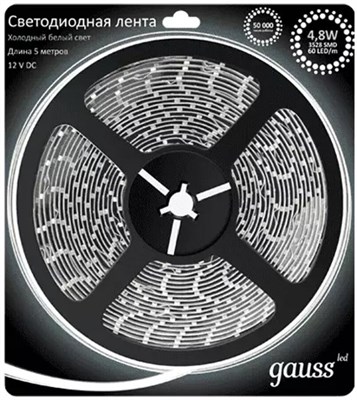 Лента GAUSS LED Elementary светодиодная 2835/60-SMD 4.8W 12V 5м DC теплый белый IP66 356000105 - фото 66689