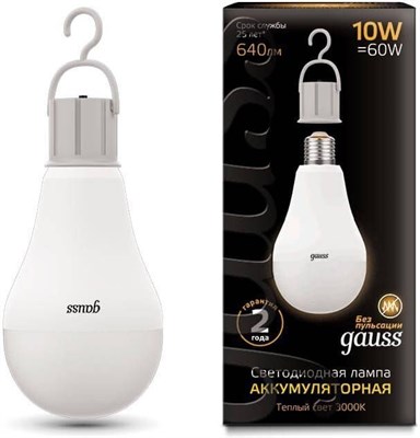 Лампа Gauss LED A60 10W Е27 3000K с аккумулятором 102402100 - фото 66778