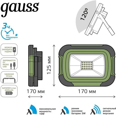 Прожектор светодиодный GAUSS LED Portable 10W 700Lm IP44 6500K зелёный 686400310 - фото 66983