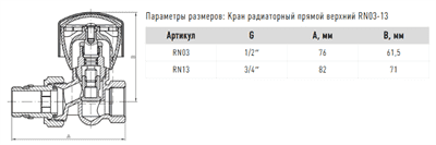 Кран FADO радиаторный NEW 1/2'' прямой верхний RN03 - фото 7826