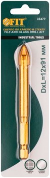 Сверло FIT по кафелю, 4 режущие кромки, титановое покрытие, U-хвостовик под биту 12*91мм 35479 - фото 83426