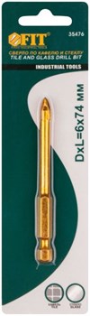 Сверло FIT по кафелю, 4 режущие кромки, титановое покрытие, U-хвостовик под биту 6*74мм 35476 - фото 83428