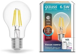 Лампа Gauss светодиодная филаментная Smart Home DIM+CCT E27 A60 6,5Вт 2000-6500К 1220112 - фото 92725