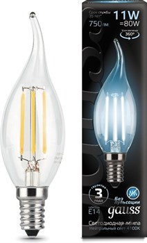 Лампа Gauss LED Filament Свеча на ветру E14 11W 750lm 4100K - фото 92759