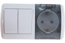 Выключатель NATA 2-х кл. и розетка с/з, с крышкой белый, горизонт. 710-0200-171 - фото 95576