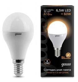 Лампа Gauss LED Globe 6,5W E14 100-240V 2700K 1/10/50 105101107 - фото 96154