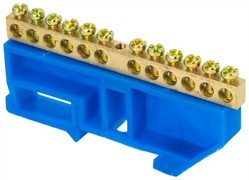 Шина SIRIUS 0 N 8*12мм, 4 отверстия, латунь, синий изолятор на DIN-рейку